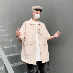 夏季新款工装大口袋潮牌衬衫短袖男宽松休闲薄款