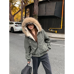 现货重磅boxy短款棉衣座山雕大毛毛领男女棉服水洗工装厚外套图片