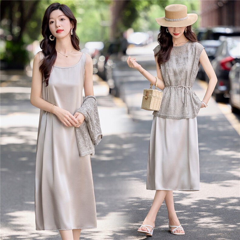 现货。夏季新款时尚套装无袖网空两件套气质连衣裙，女装套装/套裙，E百度