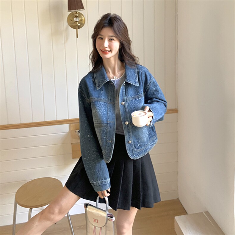 肌理感提花翻领牛仔外套女春秋2025新款小个子流行韩系超好看夹克,女装牛仔外套,维壹