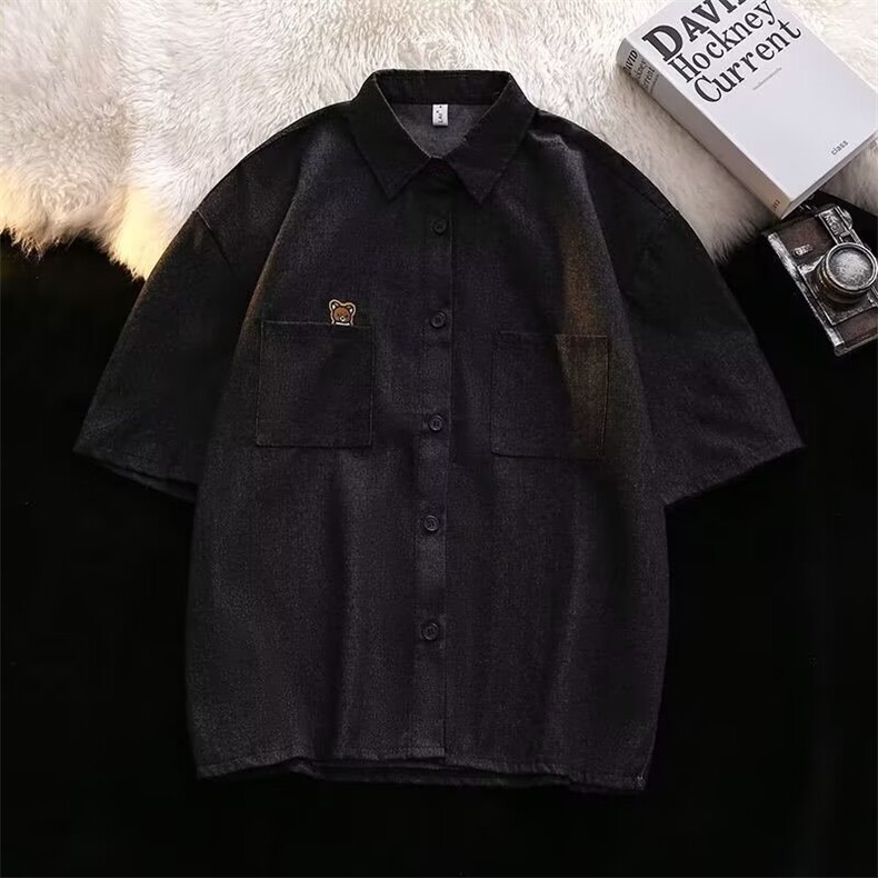 复古口袋小熊夏短袖牛仔衬衫男女装情侣宽松休闲衬衣外套LS17P40，男装衬衫，星座1013-5