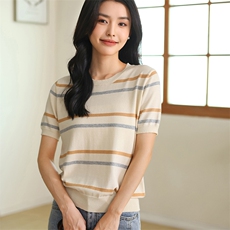 条纹纯棉线短袖t恤女针织打底衫女夏季新款拼色圆领半袖短款上衣，女装T恤，伊绒腾羊绒