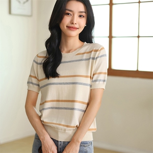 条纹纯棉线短袖t恤女针织打底衫女夏季新款拼色圆领半袖短款上衣图片