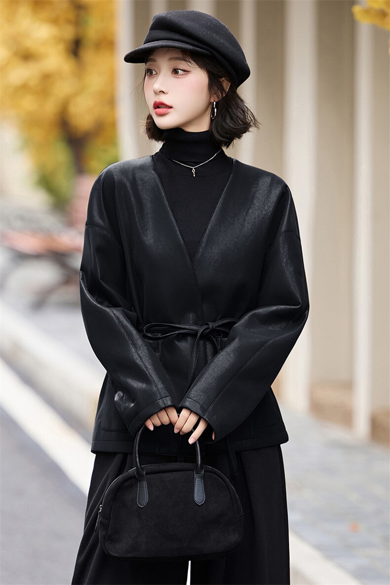 皮衣开春外套女款2025秋新款高级感小个子PU皮系带机车服酷飒风潮,女装皮衣,流量+