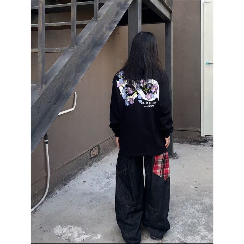 潮美式重工刺绣花卉长袖卫衣女春秋薄款街头设计感情侣潮牌上衣,男装卫衣,星座1210-1
