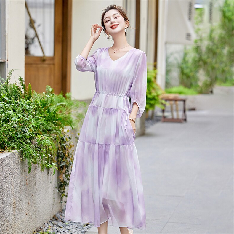 轻奢真丝乔其印花连衣裙女V领气质优雅中年妈妈系带显瘦桑蚕丝裙,女装连衣裙,韩美纤衣
