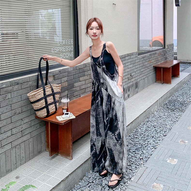 复古艺术感晕染背带裤女夏季2025新款韩版小个子高级感休闲裤子,女装休闲裤,2D078