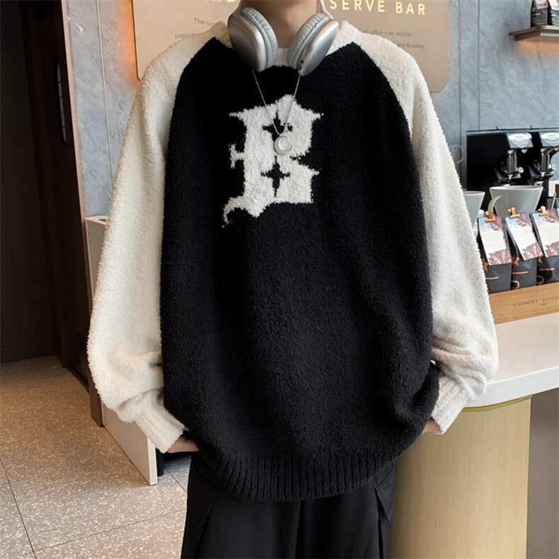 撞色秋冬毛衣男设计宽松慵懒风休闲套头针织衫线衣潮MY05637-P63,男装针织衫/毛衣,星座308B-2