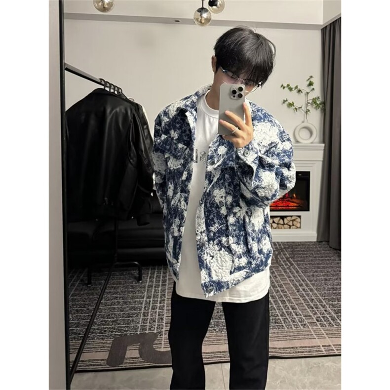 秋季潮牌高街满身浮雕油画质感宽松翻领夹克外套男INS休闲JG39,男装夹克,星座1116A-1（原606A）