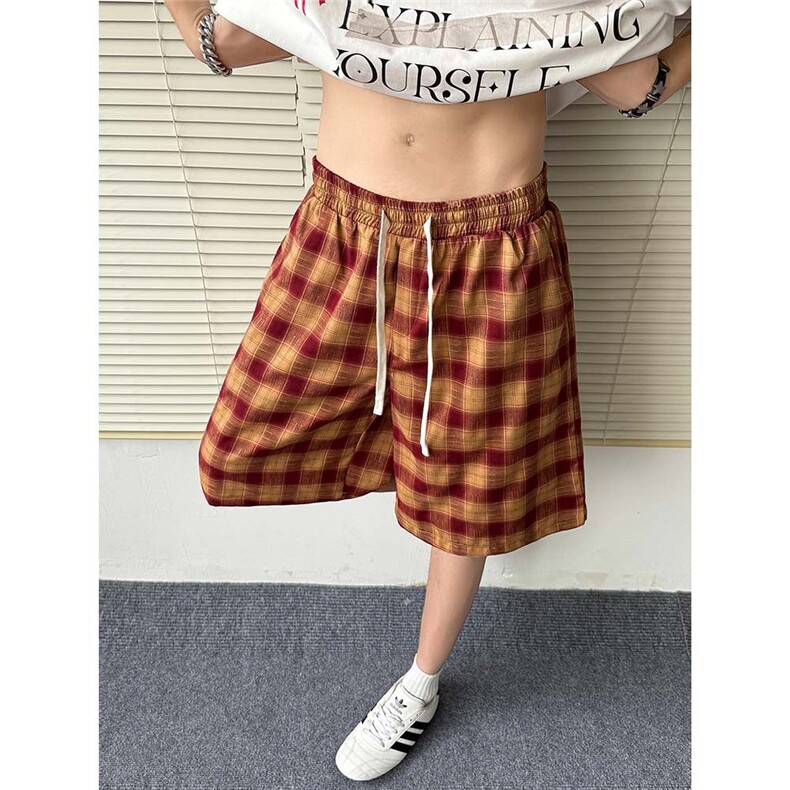 夏季轻薄透气冰丝纯棉五分裤男士潮流格子短裤直筒裤宽松百搭P38,男装牛仔裤,电商C306-1
