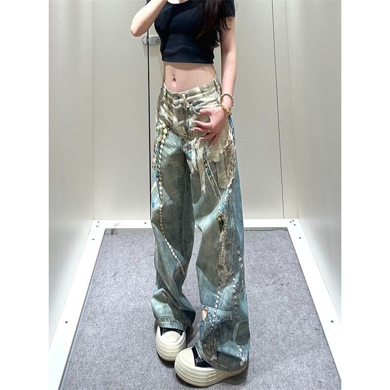 美式直筒牛仔裤印花链条挂饰泼水洗做旧长裤N791-P57，男装牛仔裤，星座208-5
