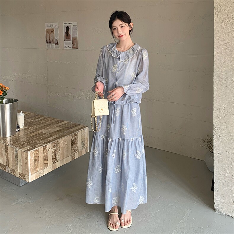 温柔风清新减龄套装裙女2025春新款荷叶边娃娃领上衣半身裙两件套,女装套装/套裙,2C032