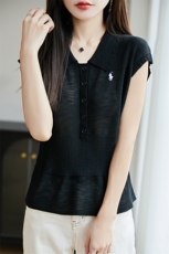 冰麻POLO领刺绣小飞袖T恤女2025夏薄透气宽松显瘦短袖上衣小衫t恤，女装T恤，菲奥羊绒