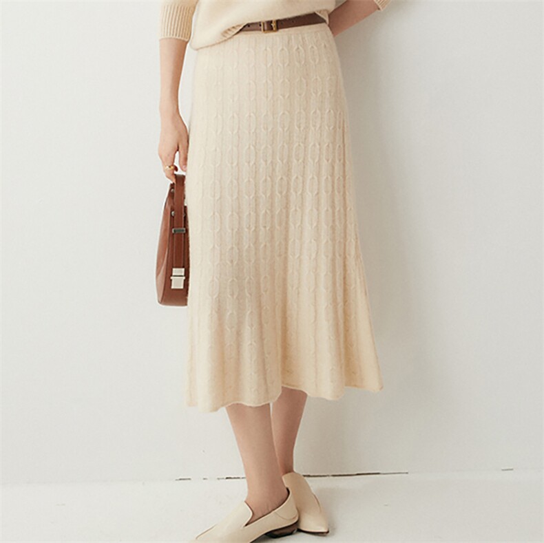 优雅气质麻花半身裙35%羊绒秋冬保暖显瘦长裙，女装半身裙，绒创羊绒