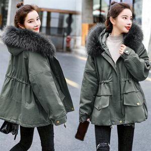 棉衣/棉服2021新款冬兔毛中长款工装带帽棉服女外套配毛领图片