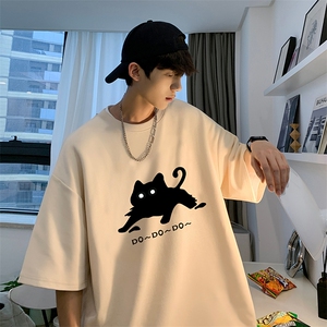 wassup happy美式猫咪短袖t恤男夏季薄款潮流圆领宽松休闲五分袖图片