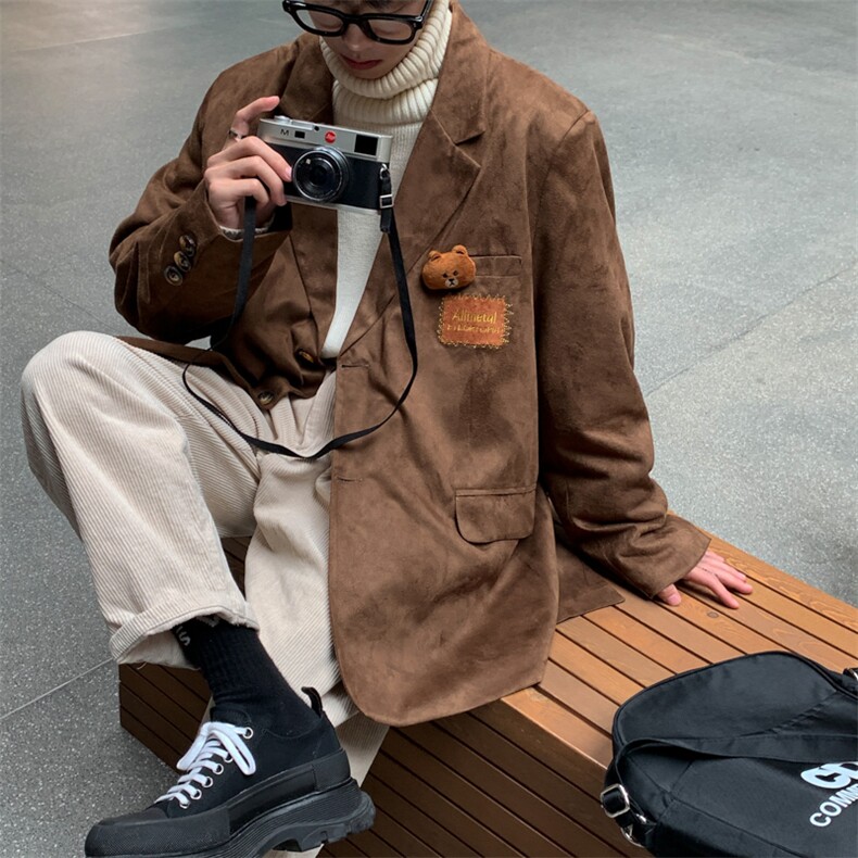 【2025秋冬】新款麂皮绒西服男小熊西装宽松韩版慵懒学院风外套,男装西服套装,星座112A