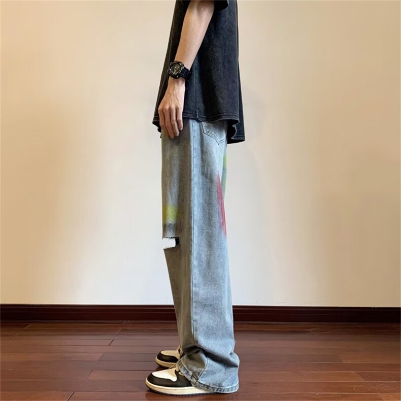 夏季泼墨牛仔裤男美式hiphop宽松百搭破洞直筒拖地长裤N9193-P45,男装牛仔裤,星座1008