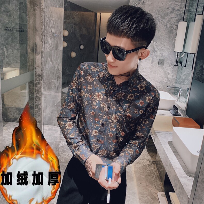 312A-821-P60  秋季社会小伙碎花青年修身长袖衬衫韩版四季衬衣A图片