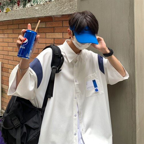 【2025春夏】拼接CITYBOY风中性休闲夏季宽松五分袖男短袖衬衫，男装T恤，星座112A