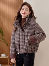 复古格子羽绒棉服女2025冬季新款短款保暖棉衣巨好看的夹棉厚外套，女装棉衣/棉服，涵誉