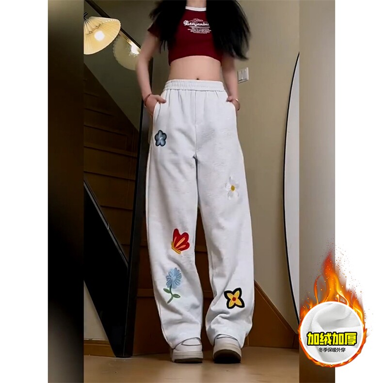 抖音得物高品质秋冬季重磅花卉刺绣潮流运动宽松加绒直筒休闲卫裤,男装休闲裤,电商A486-1