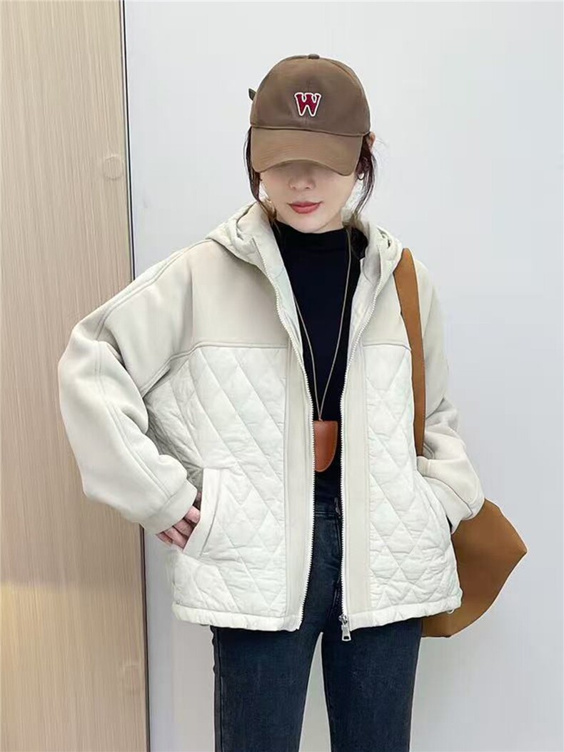 2025冬装新款修身保暖时尚菱形格个性拼接女士棉服外套,女装棉衣/棉服,江忆布依