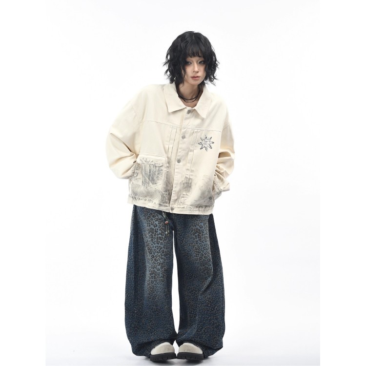 秋季美式做旧脏染复古翻领牛仔夹克印花宽松潮流夹克外套男女网图,男装工装外套,星座302B-2