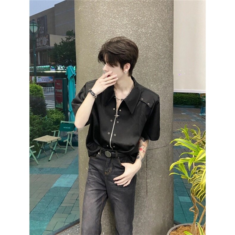 夏季小众金属解构设计感垫肩衬衫男女高级感痞帅宽松拉链短袖衬衣,男装T恤,星座506A