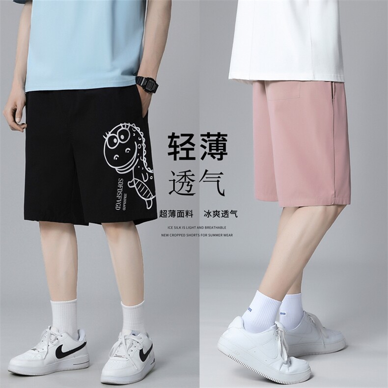 K202P25灰底加大码休闲港风卡通恐龙印花潮学生情侣短裤五分裤,男装休闲裤,电商A050