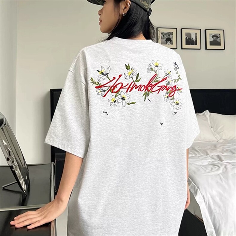 重工花卉刺绣短袖T恤男女款美式宽松凉感防晒upf50情侣上衣,男装防晒衣,星座1210-1