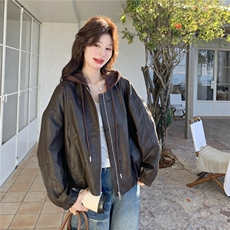 已出货春装新款~连帽皮衣外套女1楼南36-39吾爱衣-A06-P165-K298，女装皮衣，1C083