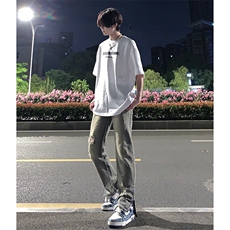 欧美hiphop街头破洞牛仔裤直筒微喇叭修身vibe美式乞丐裤潮牌，男装牛仔裤，星座310A-4