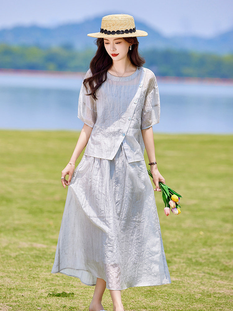 蓝色连衣裙套装女2025新款韩系夏日穿搭一整套短袖吊带裙子三件套,女装套装/套裙,靓衣阁