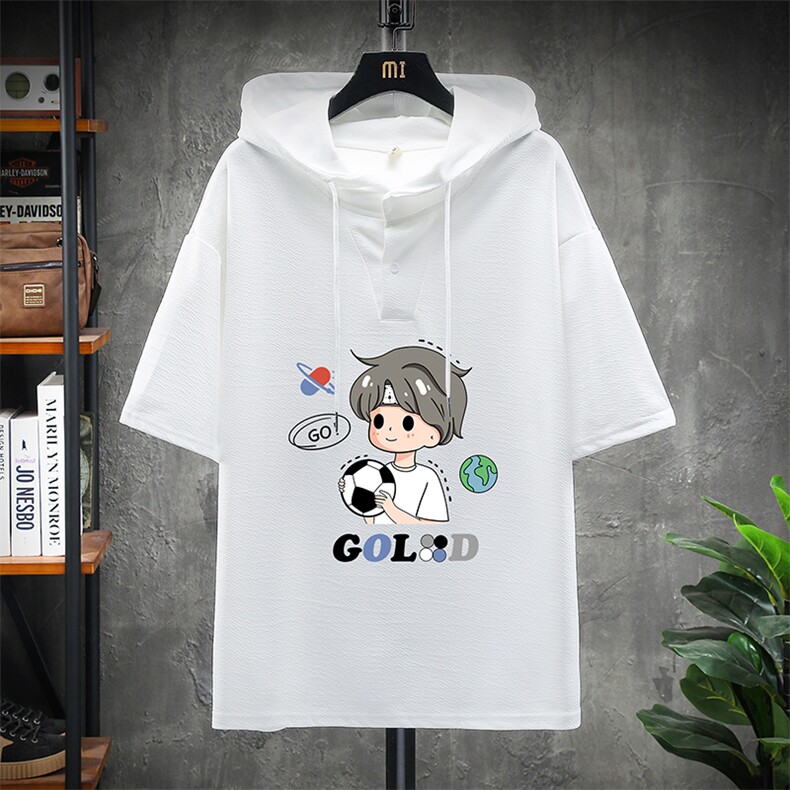 LD54207-P45 连帽短袖t恤男大码胖子带帽五分袖中袖 展架图片