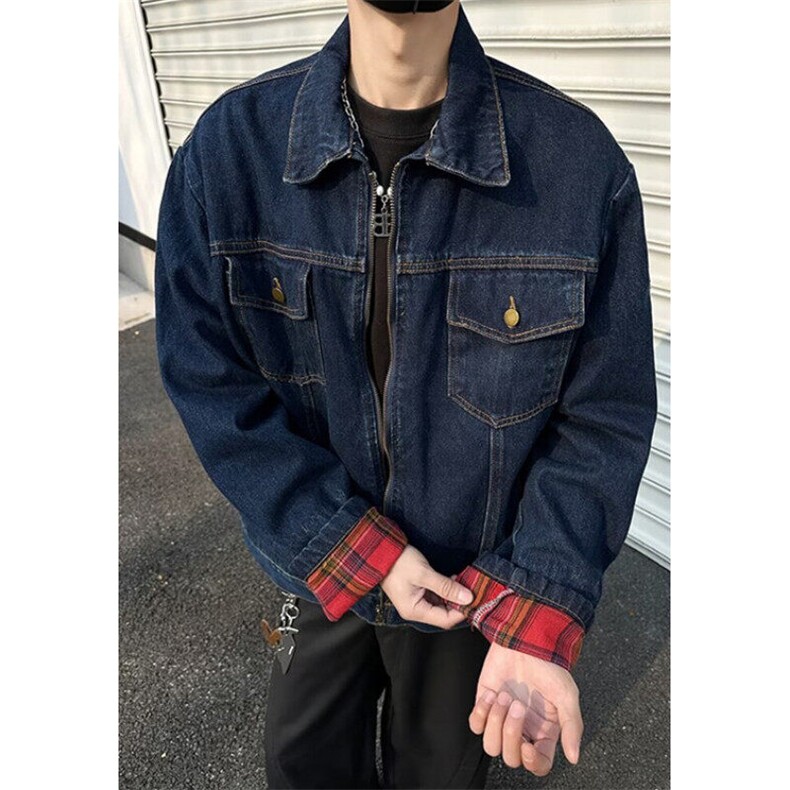 港风撞色长袖格子拼接牛仔外套复古宽松休闲夹克上衣J3561,男装工装外套,星座1116A-1（原606A）
