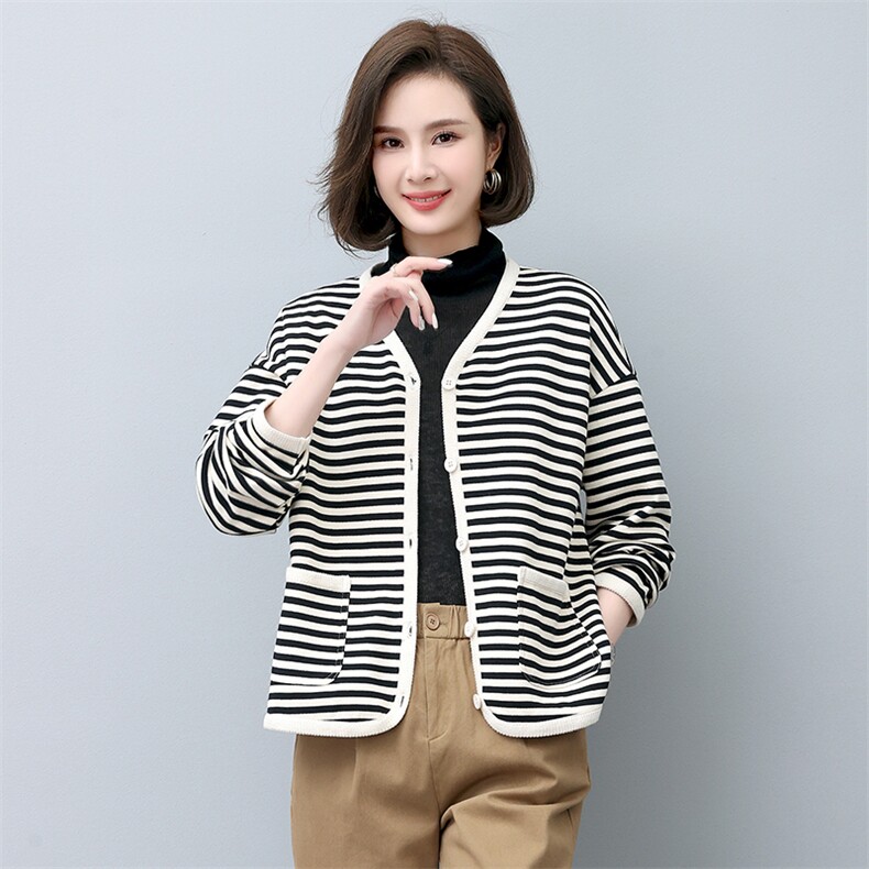 条纹外套女棉条纹织带包边单排扣女装长袖短外套开衫上衣图片