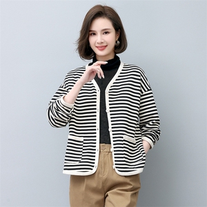 条纹外套女棉条纹织带包边单排扣女装长袖短外套开衫上衣图片