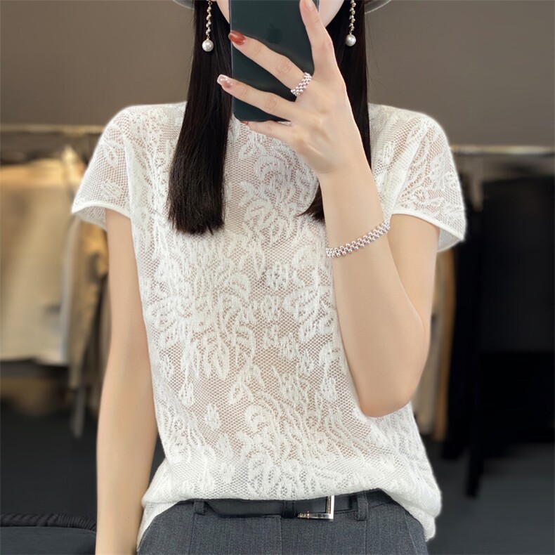 鄂尔多斯市桑蚕丝短袖T恤女夏镂空提花半高领气质冰丝针织衫上衣,针织衫/毛衣,大美人包芯纱店