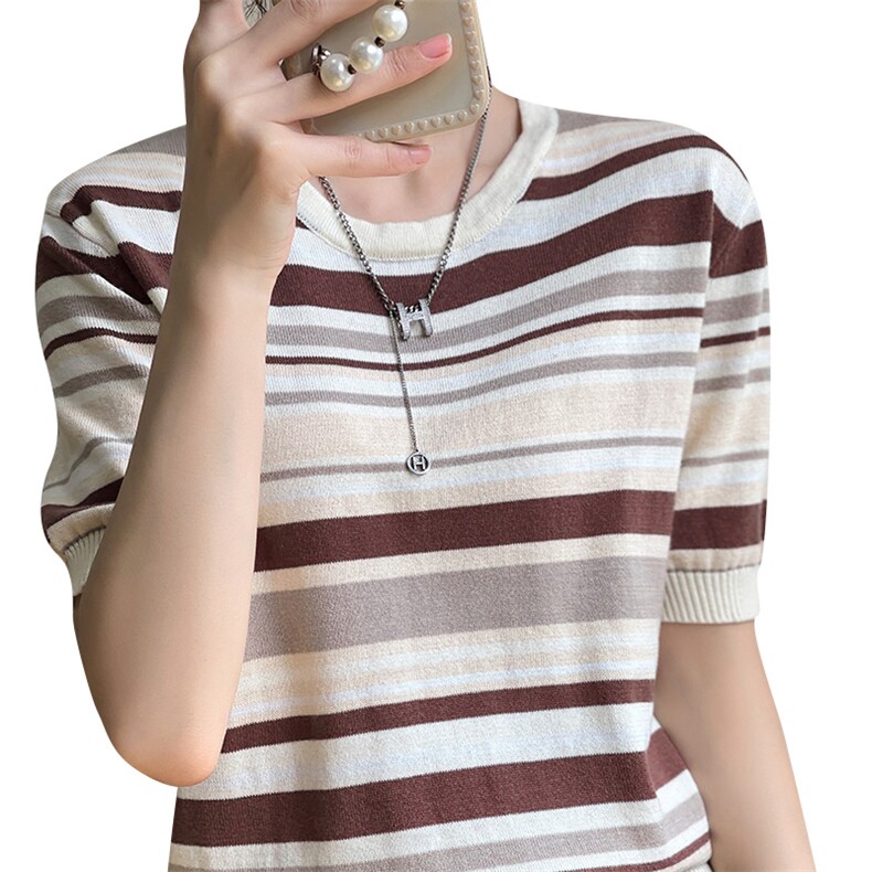 薄款100%纯棉针织短袖T恤女圆领条纹拼色宽松休闲棉麻内搭打底衫,女装T恤,琳尚羊绒