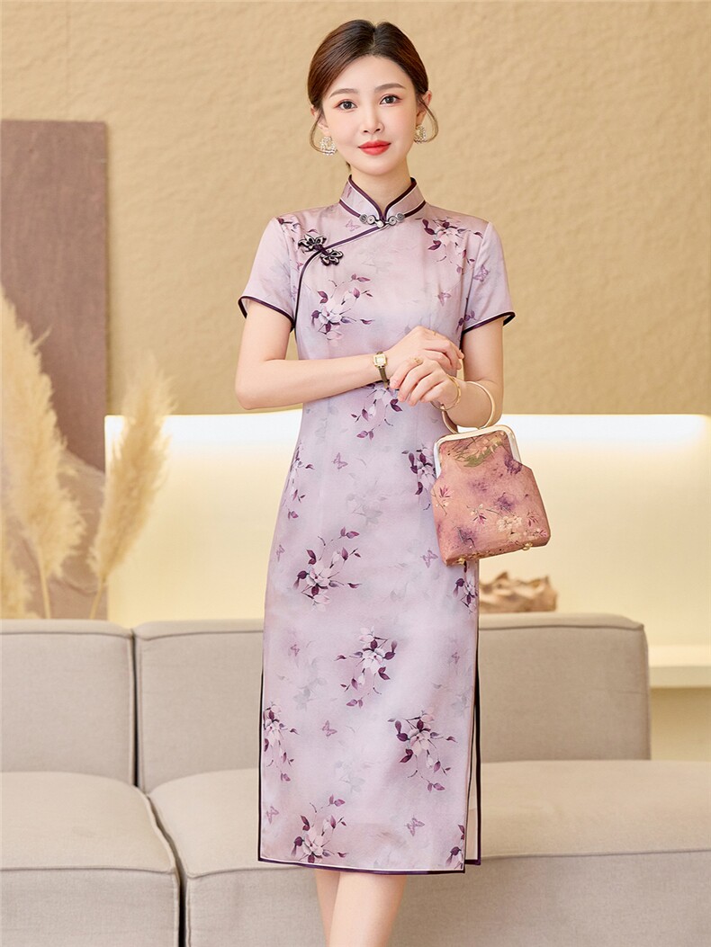 杭州品质真丝长裙复古印花连衣裙女春夏日常修身潮流真丝旗袍,女装汉服/婚纱/旗袍/礼服,小荷流