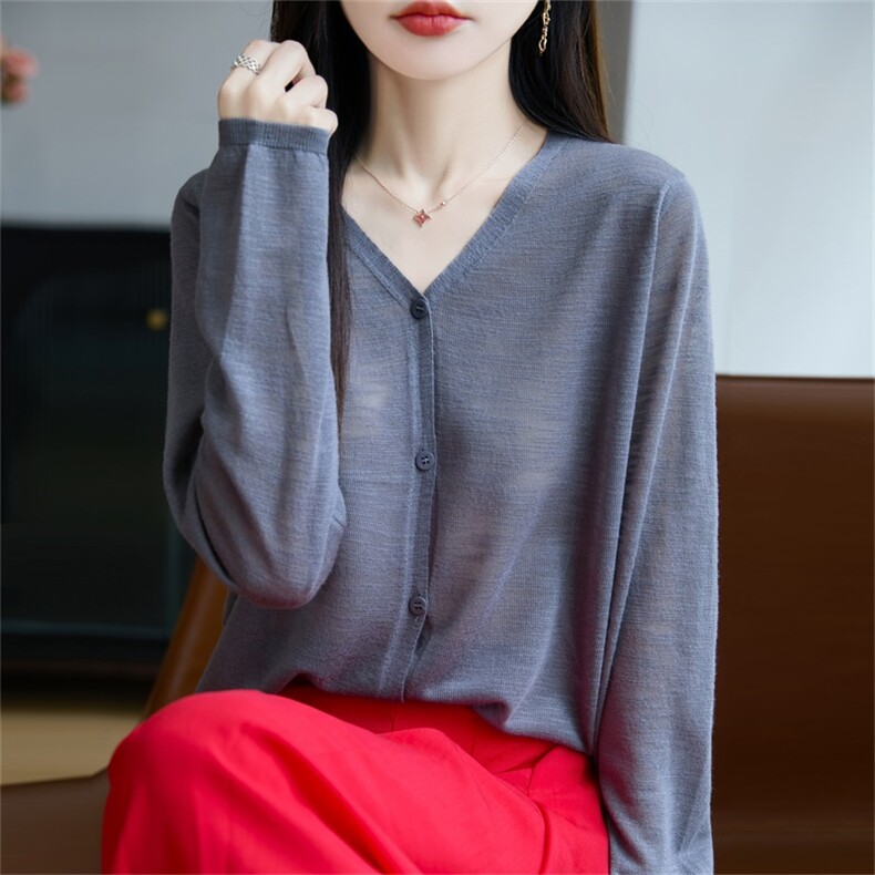 夏季竹节麻圆领针织开衫女外套纯色长袖打底衫薄款空调防晒衫上衣,女装T恤,大美人包芯纱店