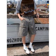 多口袋工装短裤男夏季宽松直筒休闲裤潮牌阔腿五分裤子8116P61，男装牛仔裤，星座410-2