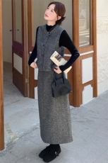 灰色高级感小香风马甲套装裙女2025秋季复古气质轻熟风毛呢三件套，女装套装/套裙，纯色衣恋