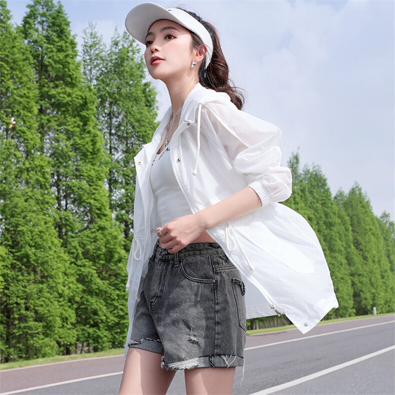 轻薄透气防晒衣女2024夏新款抽绳收腰中长款休闲户外防晒服薄外套,女装防晒衣,依万里