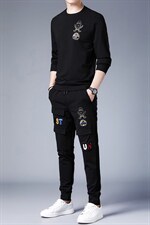 中青年男士秋季运动套装长袖圆领t恤两件套休闲印花纯色套装，男装休闲套装，电商B212（原钱塘6029）