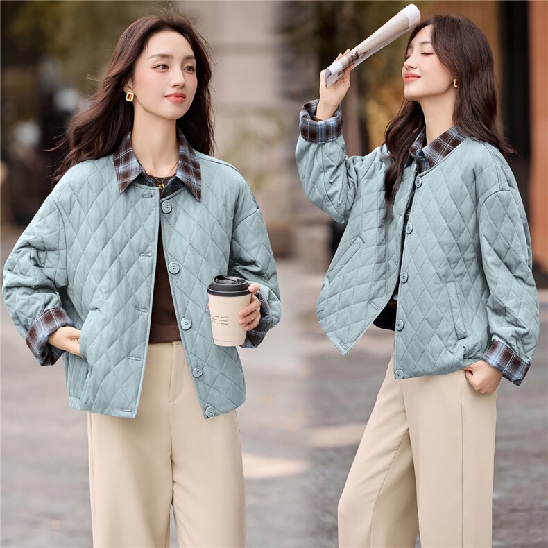 2025年冬季格子翻领假两件菱形格夹棉棉服短外套开衫上衣,女装棉衣/棉服,简韵佳