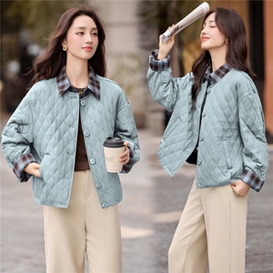 2025年冬季格子翻领假两件菱形格夹棉棉服短外套开衫上衣图片