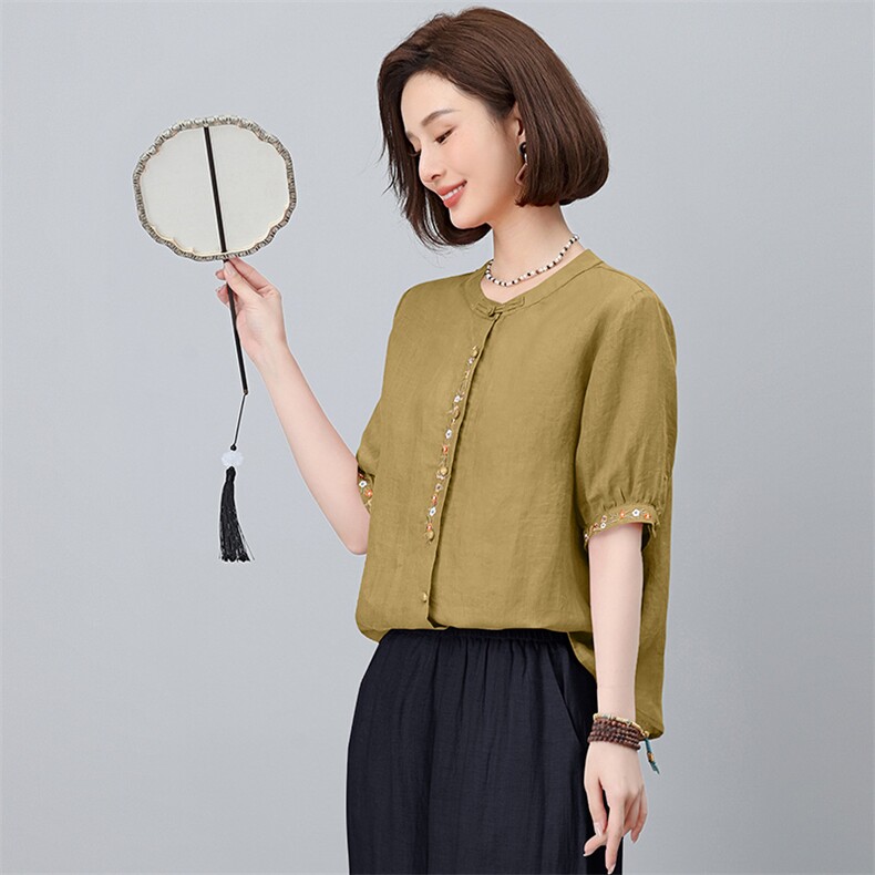 棉麻休闲女夏装2025夏季新款妈妈洋气时尚宽松衬衫苎麻,女装衬衫,涵誉