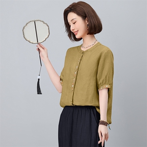 棉麻休闲女夏装2025夏季新款妈妈洋气时尚宽松衬衫苎麻图片